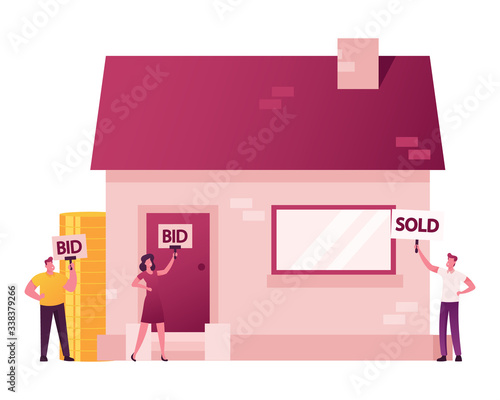 Auctioneer Character Judging Auction of Real Estate House that Attached to Mortgage and Confiscated from Owner with Debt. Buyers Bidding with Rising Up Bid Boards. Cartoon People Vector Illustration