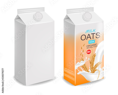 Oats milk realistic, organic milk, new product, fresh milk, box package isolated white background vector illustration