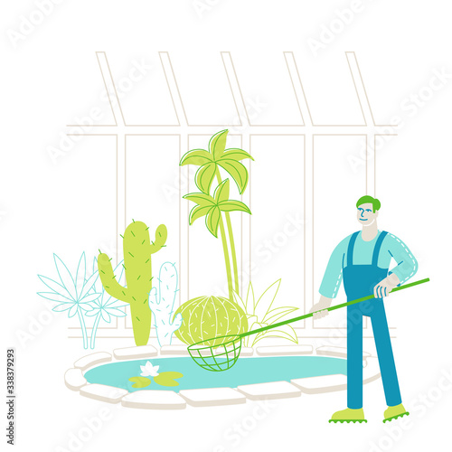 Gardener Worker or Botanist Scientist Character Catch Floating Lotus Flowers with Butterfly Net at Pond in Greenhouse Area with Different Exotic and Rare Plants Species. Linear Vector Illustration