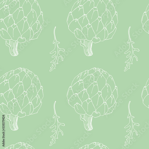 green seamless pattern with artichoke and rucola