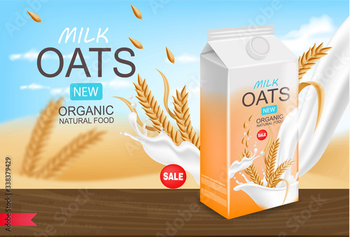 Oats milk realistic, organic milk, packaging mockup, beautiful background, splash milk, new product vector illustration
