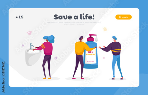 Coronavirus Infection Prevention, Stay Home Disinfection Landing Page Template. Characters Wear Masks, Washing Hands with Disinfectant Gel and Antibacterial Soap. Cartoon People Vector Illustration