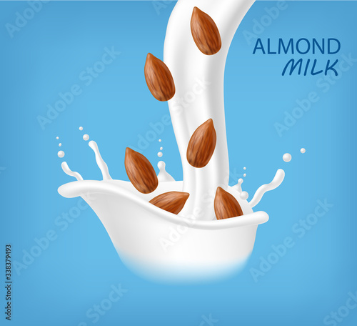 Almond milk realistic, organic milk, new product, fresh milk, splash milk, blue background vector illustration