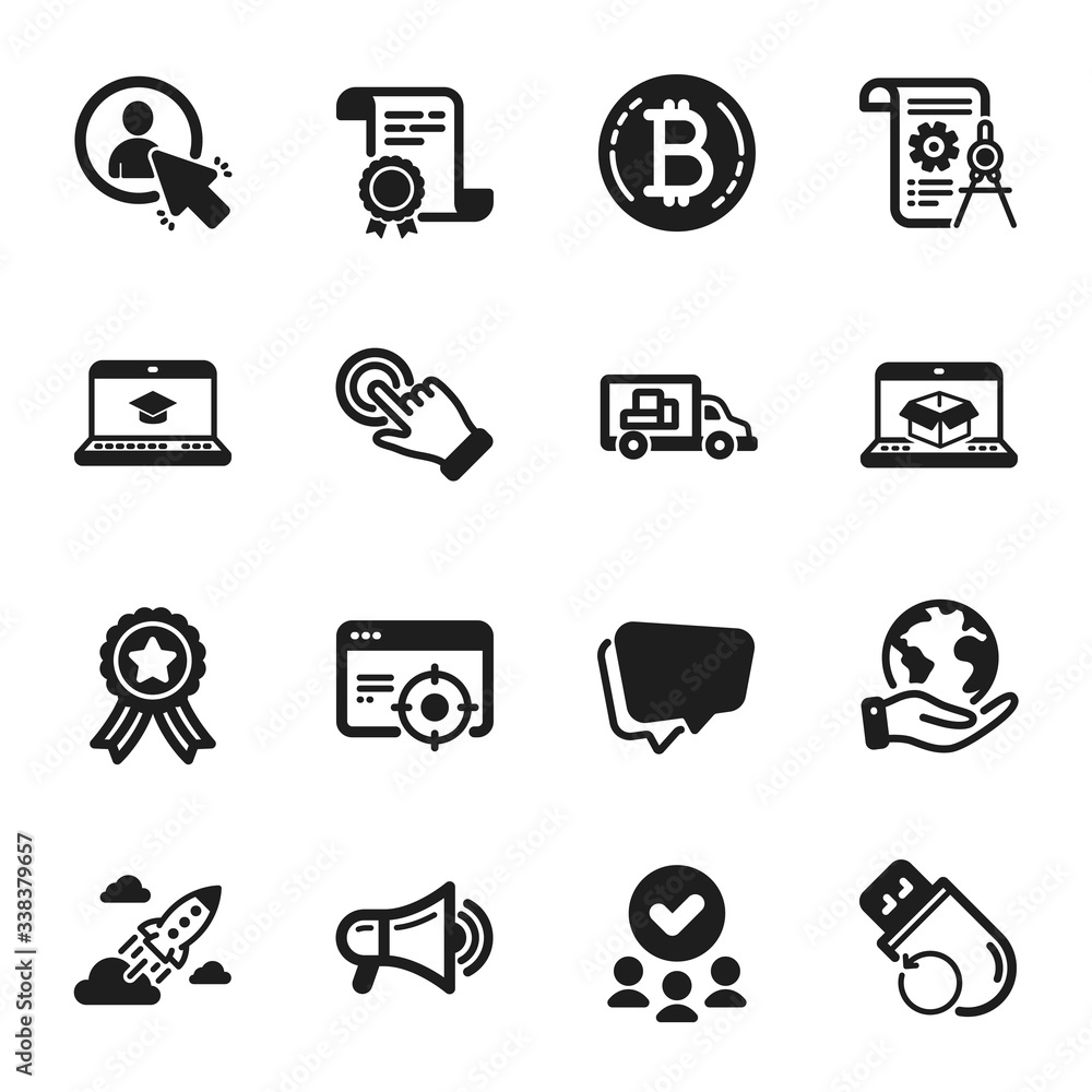 Set of Technology icons, such as Startup rocket, Touchscreen gesture. Certificate, approved group, save planet. Bitcoin, User, Megaphone. Divider document, Flash memory, Speech bubble. Vector Set of Technology icons, such as Startup rocket, Touchscreen gesture. Certificate, approved group, save planet. Bitcoin, User, Megaphone. Divider document, Flash memory, Speech bubble. Vector