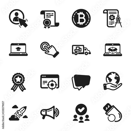 Set of Technology icons, such as Startup rocket, Touchscreen gesture. Certificate, approved group, save planet. Bitcoin, User, Megaphone. Divider document, Flash memory, Speech bubble. Vector