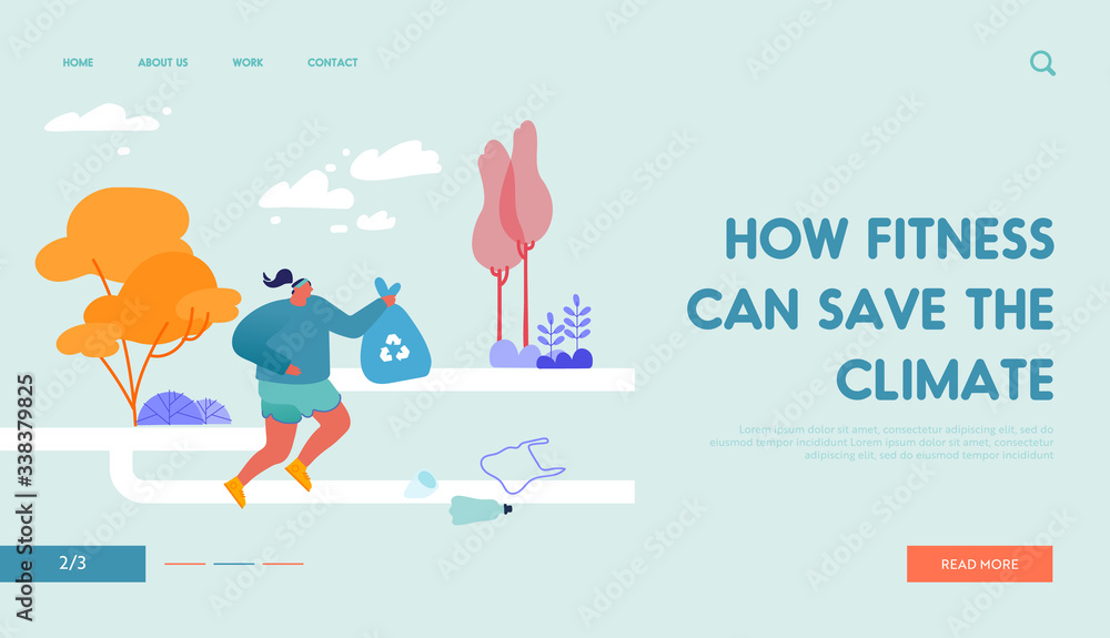 Female Sports Character Plogging Landing Page Template. Running Woman Pick Up Garbage to Bag for Recycling. Jogging Girl Collecting Plastic Trash, Environmental Protection. Cartoon Vector Illustration
