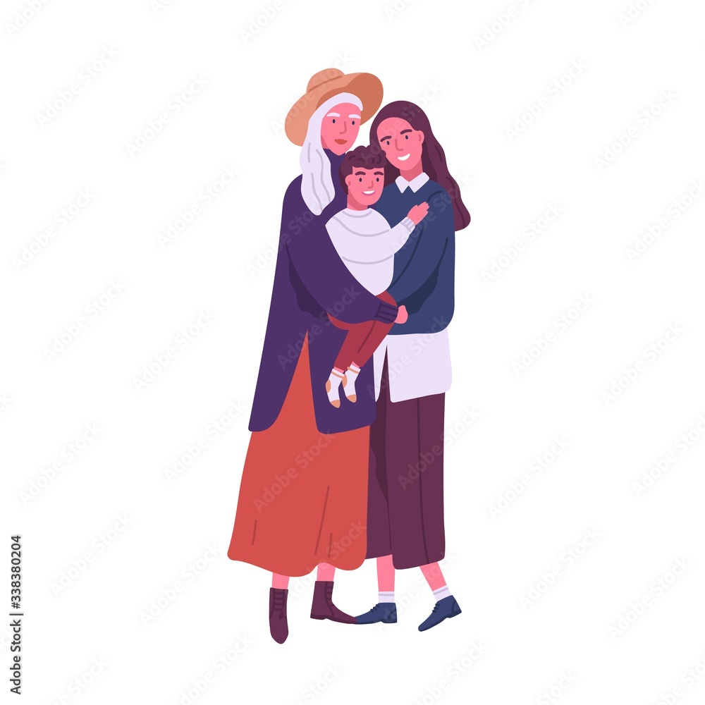 Cute happy homosexual family with child isolated on white background. Smiling lesbian couple with kid hugging. Lgbt family relationships, parenting. Vector illustration in flat cartoon style