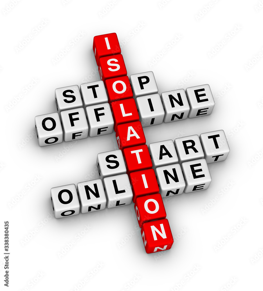 Stop Online, Start Online. Self Isolation concept. 3D crossword puzzle on white background. Stop Online, Start Online. Self Isolation concept. 3D crossword puzzle on white background.