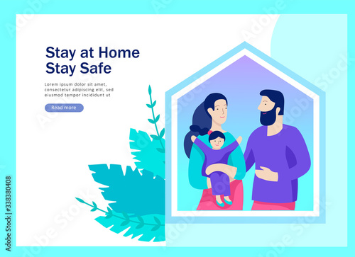 Stay at home concept of coronavirus prevention, awareness social media campaign. People and family on quarantine staying together at home. Protection and revention of 2019-nCoV. Banner, landing