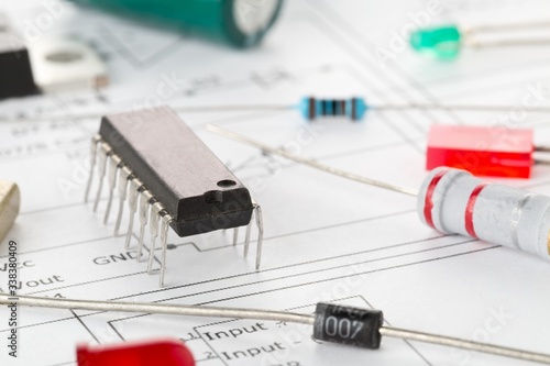 Macro of different electronic parts or components on pcb wiring diagram with resistors, capacitors, diode and ic chips