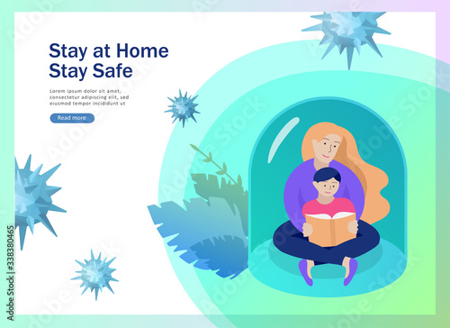 Stay at home concept of coronavirus prevention, awareness social media campaign. Mother and child on quarantine staying together at home. Protection and revention of 2019-nCoV. Banner, landing