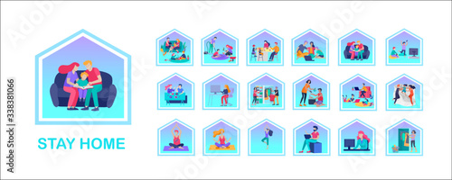 Set of Stay at home concept of coronavirus prevention, awareness social media campaign. People and family on quarantine staying together at home. Protection and revention