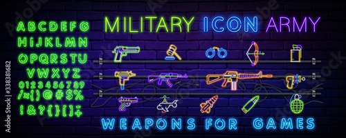 Neon icons are set on military themes, weapons for the game, bombs, helicopter, guns. Cyber sports, online war games. Glowing neon icon on a brick wall with text. Vector