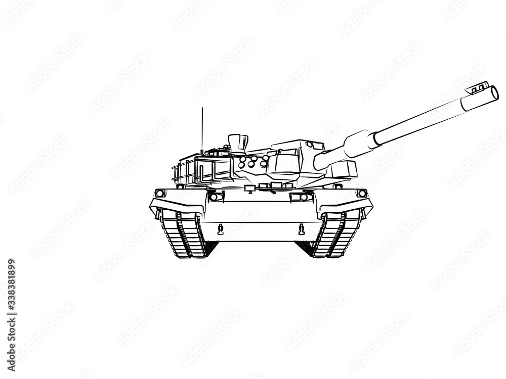 Military equipment, heavy weapons tank only in outline, sketch style, front view Military equipment, heavy weapons tank only in outline, sketch style, front view