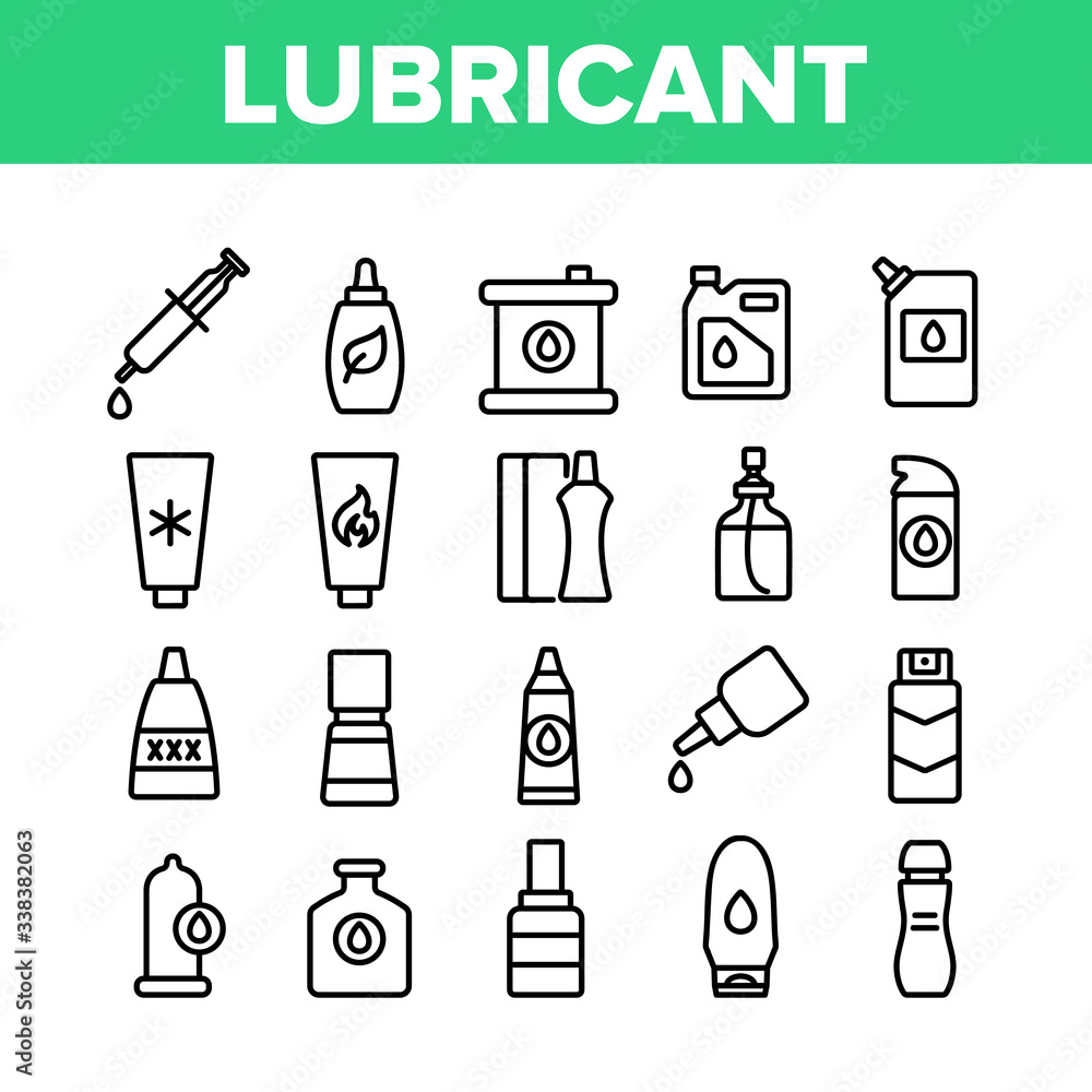 Lubricant Container Collection Icons Set Vector. Lubricant Liquid , Oil And Cream Tube And Bottle, Spray And Flask, For Condom And Car Motor Concept Linear Pictograms. Monochrome Contour Illustrations Lubricant Container Collection Icons Set Vector. Lubricant Liquid , Oil And Cream Tube And Bottle, Spray And Flask, For Condom And Car Motor Concept Linear Pictograms. Monochrome Contour Illustrations