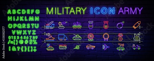 Neon icons are set on military themes, weapons for the game, transport, military rank. Icons for games, cyber sports . Glowing neon icon on a brick wall with text. Vector