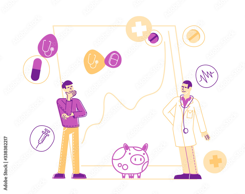 Φωτογραφία Male Patient and Doctor Characters Stand near Piggy Bank and Huge Growing Chart with Medical Stuff around