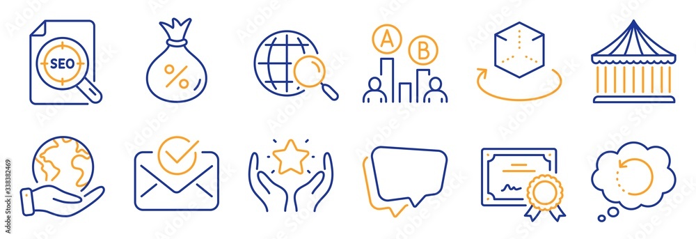 Set of Technology icons, such as Web search, Carousels. Certificate, save planet. Ranking, Recovery data, Ab testing. Approved mail, Loan, Augmented reality. Seo file, Speech bubble line icons. Vector Set of Technology icons, such as Web search, Carousels. Certificate, save planet. Ranking, Recovery data, Ab testing. Approved mail, Loan, Augmented reality. Seo file, Speech bubble line icons. Vector