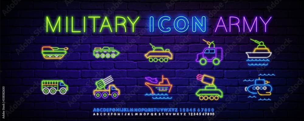 Neon icons are set on military themes, weapons for the game.Neon military vehicles, a set of icons. Glowing neon icon on a brick wall for online games, eSports with text.