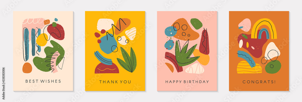Bundle of creative universal artistic cards.Modern vector illustrations with hand drawn organic shapes and textures.Trendy contemporary design for prints,flyers,banners,brochures,invitations,covers.