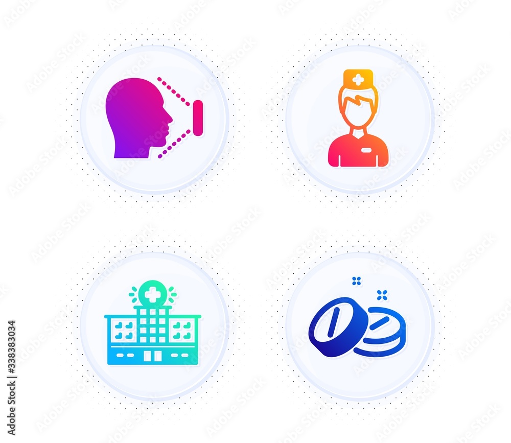 Hospital building, Doctor and Face id icons simple set. Button with halftone dots. Medical tablet sign. Medical help, Medicine person, Identification system. Medicine pill. Healthcare set. Vector