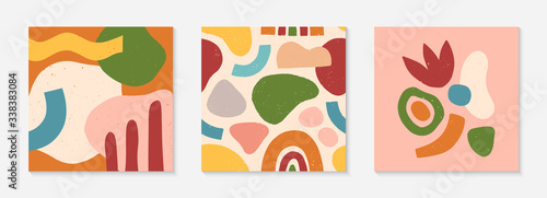 Set of creative universal cards and pattern.Modern vector illustrations with hand drawn organic shapes and textures.Trendy contemporary design for prints flyers banners brochures invitations covers.