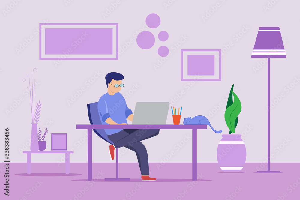 Young man freelancers working on laptop computers at home in the purple living room. Vector illustration with working home and quarantine concept. Flat design style. Copy space for design Young man freelancers working on laptop computers at home in the purple living room. Vector illustration with working home and quarantine concept. Flat design style. Copy space for design