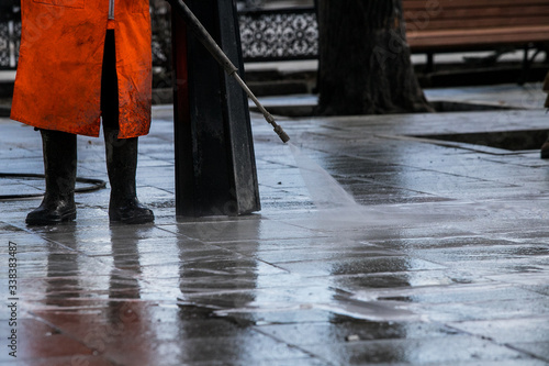 Street disinfection, preventive quarantine measures.Empty streets. Road washing.Epidemic