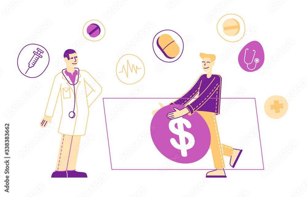 Φωτογραφία Male Character Giving Huge Dollar Bill to Doctor in White Robe with Medical Stuff, Drugs and Items Flying around