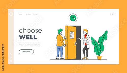 Patient Visiting Hospital for Doctor Appointment Landing Page Template. Practitioner Characters Inviting Visitor in Facial Mask for Check Up. Coronavirus Diagnostics. Linear People Vector Illustration