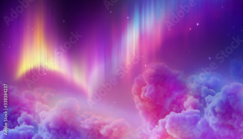 digital illustration of Aurora Borealis, abstract background. Northern lights in polar night sky, cotton clouds, natural phenomenon, geomagnetic miracle, wonder of nature, ultraviolet neon lines photo