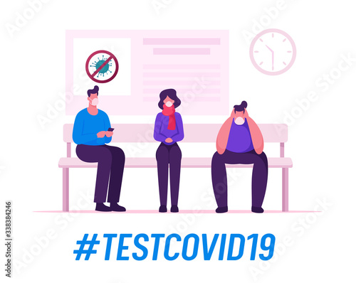 Health Care, Medicine, Coronavirus Pandemic. Patients Characters Waiting Doctor Appointment in Hospital Hallway for Covid19 Test. Sick People Sitting in Clinic Corridor. Cartoon Vector Illustration