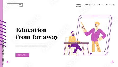 E-Learning, Online Education in Internet Landing Page Template. Electronic Library, Computing Reading. Male Character Sit at Tablet with Man Reading Books on Screen. Linear People Vector Illustration