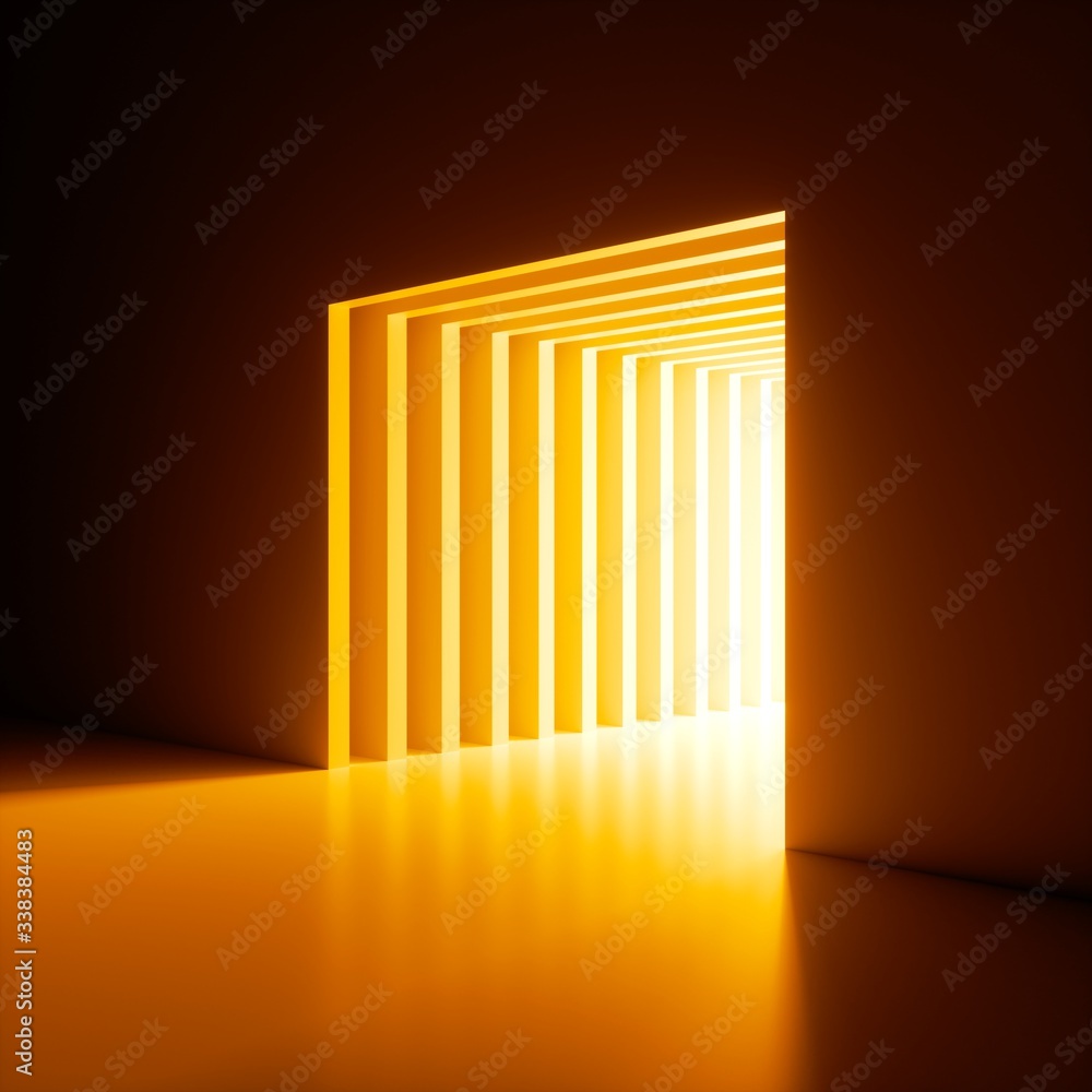 Obraz premium 3d render, abstract background, bright yellow neon light shining out of the hole in the wall. Square window, cave, door, portal. Dramatic scene. Magical tunnel entrance.Minimal concept