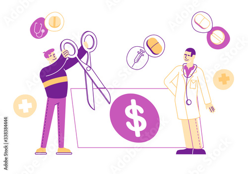 Medical Price, Medicine Services and Health Care Cost and Expenses Concept. Male Patient Character Cut with Scissors Huge Dollar Bill near of Doctor in White Robe. Linear People Vector Illustration