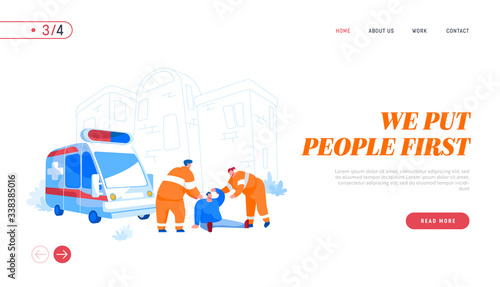 Urgency Ambulance Help  Paramedic Occupation  Road Crash Landing Page Template. Rescuers Characters Assisting First Aid to Injured Man Sitting on Ground on Street. Cartoon People Vector Illustration