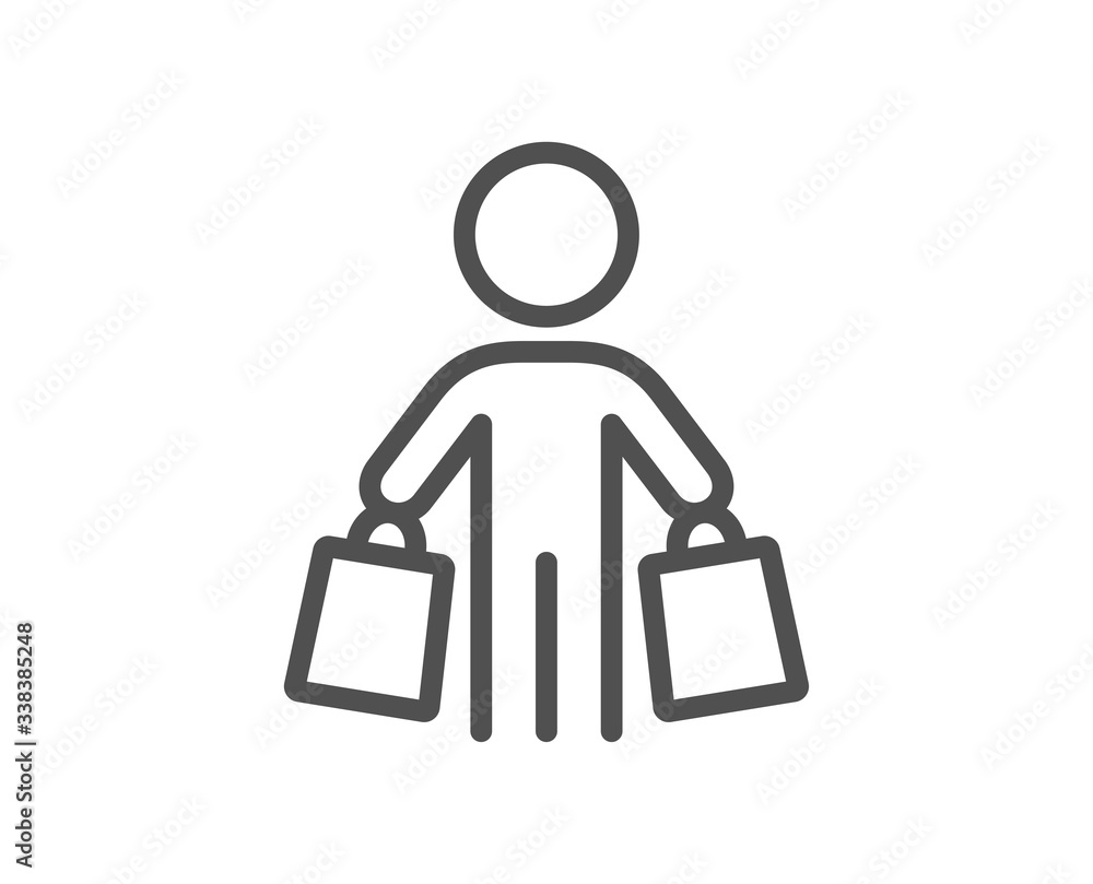 Buyer with shopping bags line icon. Customer sign. Supermarket client symbol. Quality design element. Editable stroke. Linear style buyer icon. Vector Buyer with shopping bags line icon. Customer sign. Supermarket client symbol. Quality design element. Editable stroke. Linear style buyer icon. Vector
