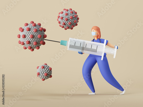 3d render. Woman doctor cartoon character fights Coronavirus infection. Vaccine against covid-19 virus inside big syringe. Clip art isolated on neutral background. Vaccination medical concept