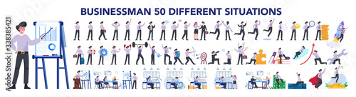 Foto Businessman character set. Poses and meeting, data and hero.