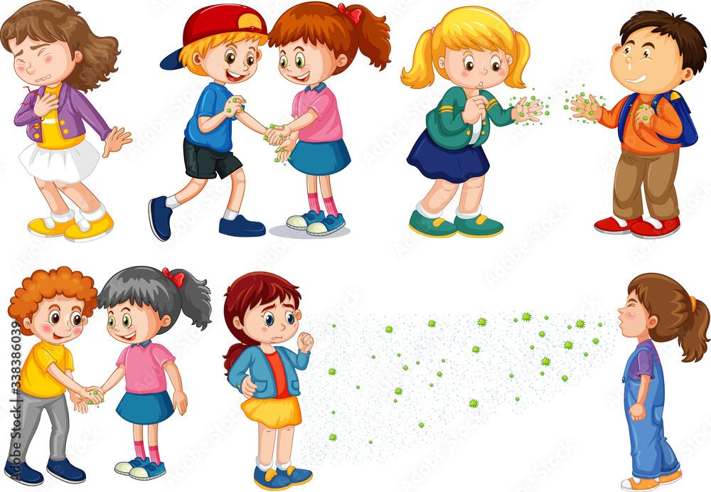 Large set of children spreading virus from touching and talking