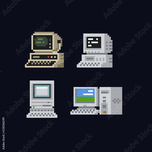 Retro personal computers with terminal console commands on the screen, computer case and keyboard vintage vector illustration icon set, isolated