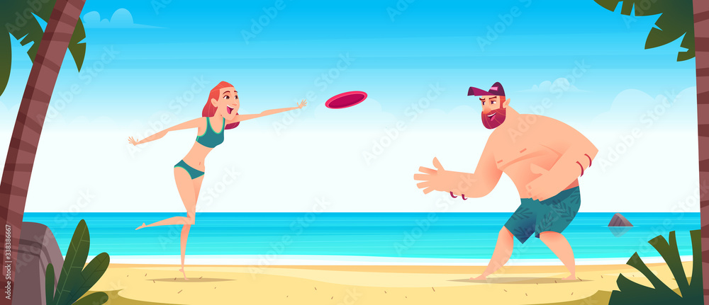 Young man and woman are playing with a flying disc on a sandy beach. Frisbee game concept