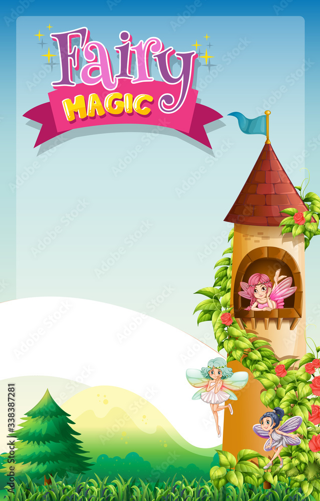 Font design for word fairy magic with fairies flying in the tower Font design for word fairy magic with fairies flying in the tower
