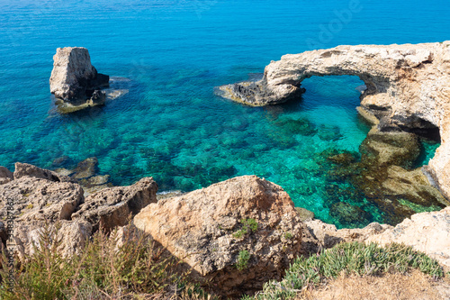 Cyprus. The resort of Ayia Napa. Bridge of Love in Cyprus. Protaras. Resorts of Protaras. Landscapes of the Mediterranean Sea. Natural attractions. Ayia Napa Resort Cruise. Stone arch. Cliffs in sea
