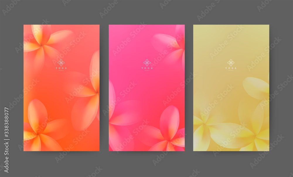 006-0120 Real LeafSet of minimal banner for branding packaging. Tropical summer frangipani flower background. For spa resort luxury hotel, yoga, beauty, cosmetic, organic texture. vector illustration.