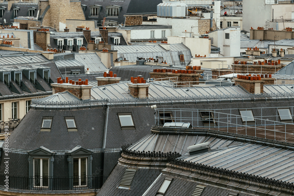 City skyline with roofs, chimneys and mansards. European lifestyle, city residents self isolation. Typical old Paris architecture, facades of residential buildings, expensive real estate concept