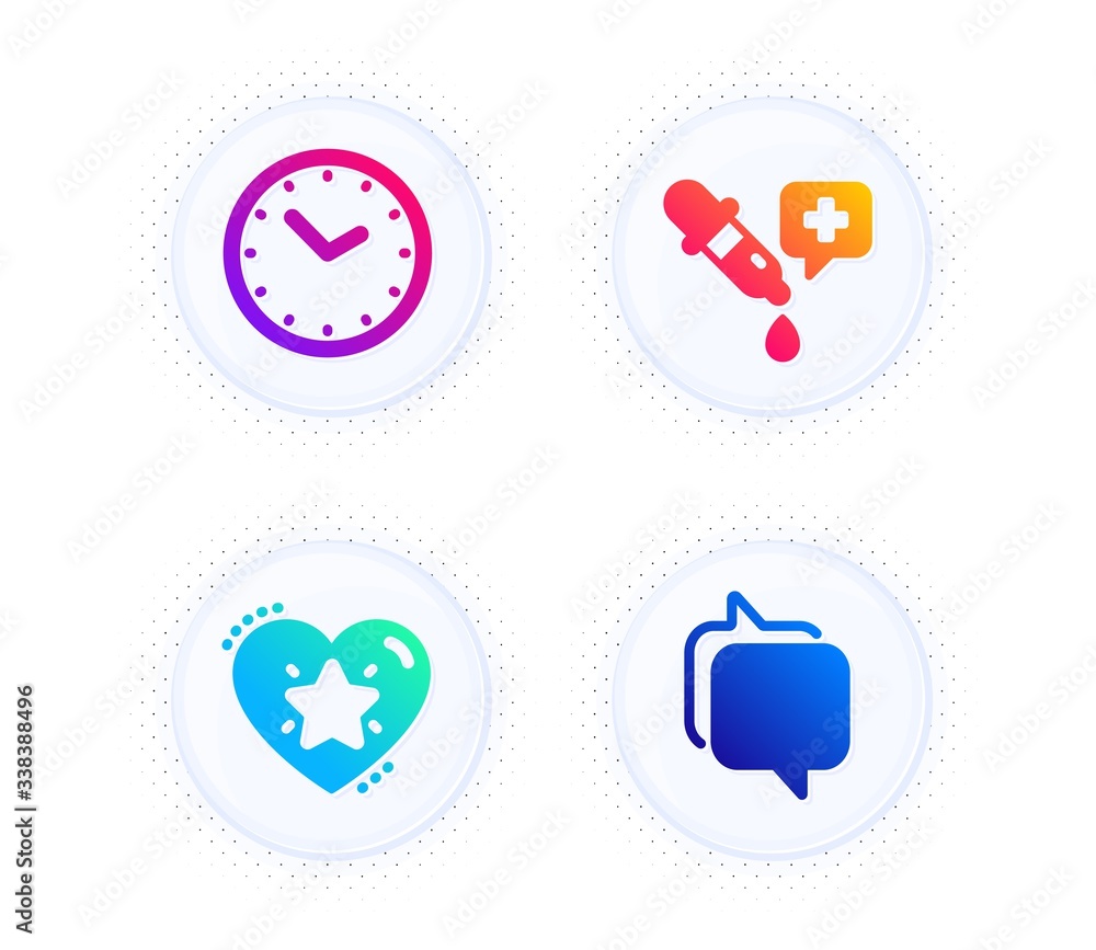 Ranking star, Time and Chemistry pipette icons simple set. Button with halftone dots. Messenger sign. Love rank, Clock, Laboratory. Speech bubble. Education set. Vector