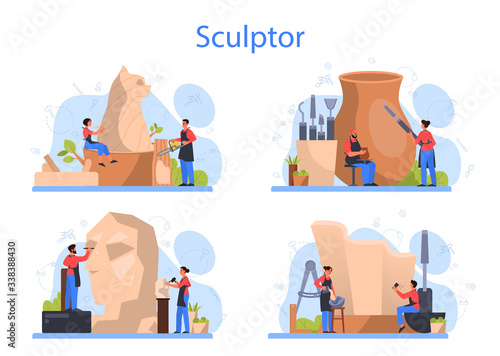 Professional sculptor concept set. Creating sculpture of the marble,