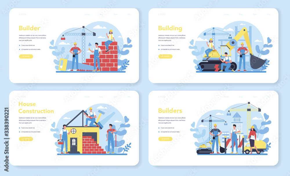 House building web banner or landing page set. Workers constructing