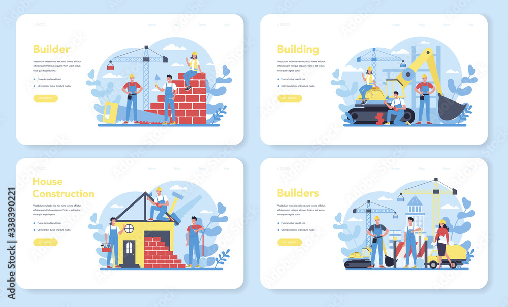 House building web banner or landing page set. Workers constructing House building web banner or landing page set. Workers constructing